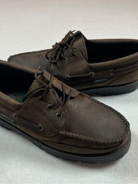 Vintage Land Rover Brown Leather Loafer Boat Shoes UK Mens Size 11 Green Lining